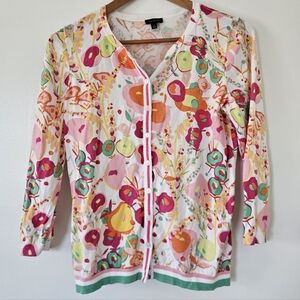 Talbots Womens Sweater S Cardigan Abstract Artsy Floral Retro Garden Party